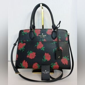 Kate Spade Medium Madison Rose Toss Crossbody Satchel Purse, Black, Red Roses